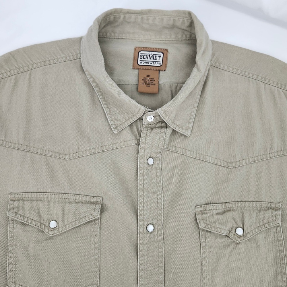 CE Schmidt Mens Khaki Western Pearl Snap Work Shirt 4XL Rugged Utility Cowboy